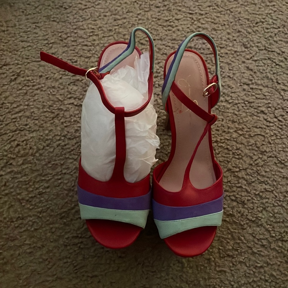 Red/purple and blue wooden heels